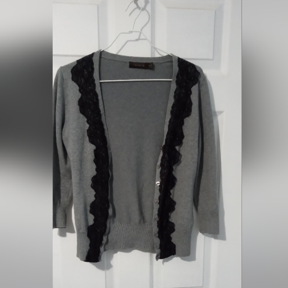The Limited Gray Cardigan with Black Lace Trim Office Siren